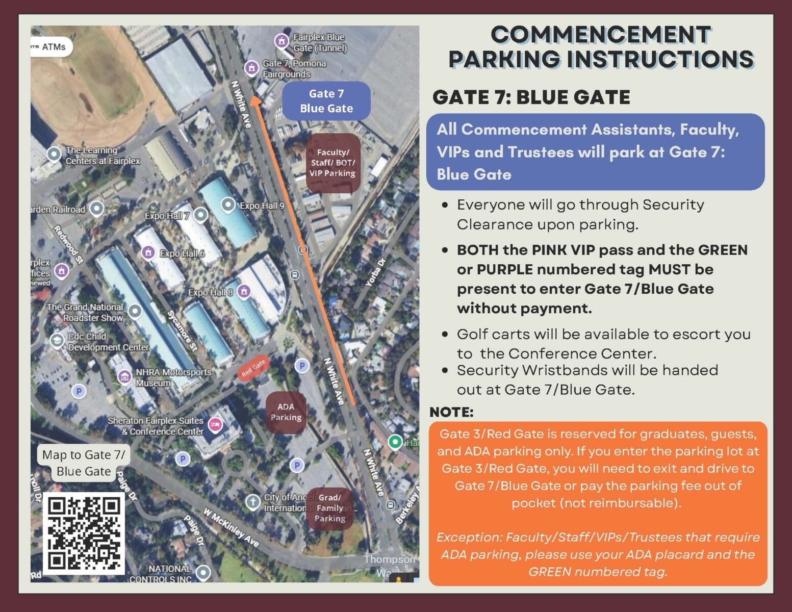 Faculty and Staff Parking Map. Directing them to park at Gate 7/Blue Gate along White Ave.